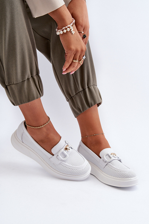 Skórzane Mokasyny Damskie Na Platformie Białe S.Barski LR720