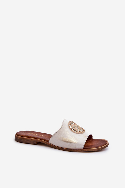 Zazoo 2938 Skórzane Klapki Na Płaskim Obcasie Z Ozdobą Złote Przecierane