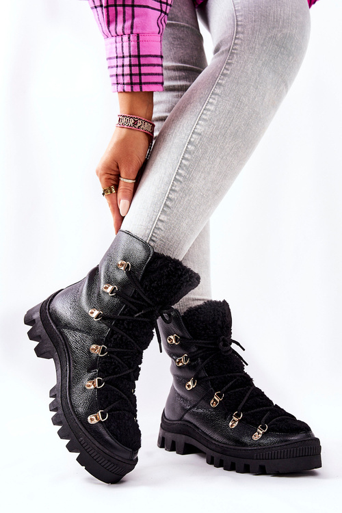 Ocieplane Skórzane Botki Trapery Czarne Cateline