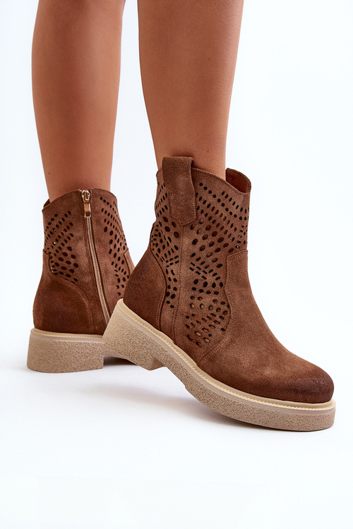 Zazoo 3470 Zamszowe Botki Damskie Na Płaskim Obcasie Ażurowe Brązowe