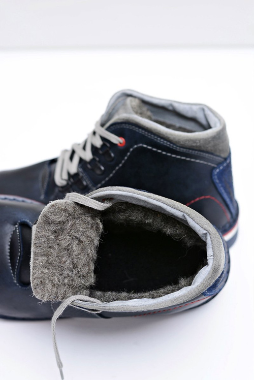 Granatowe Męskie Skórzane Ocieplane Botki Teslo