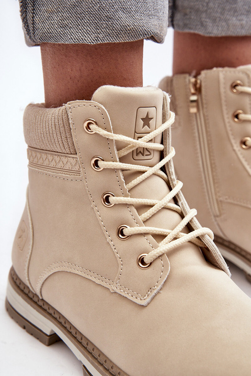 Damskie Skórzane Trapery Ocieplane Beżowe Bimena