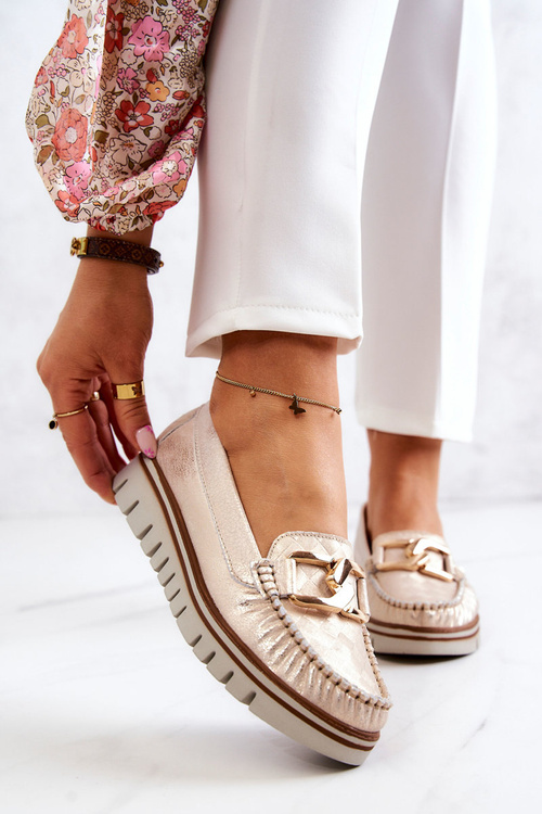 Damskie Skórzane Mokasyny Na Platformie Złote Venesia