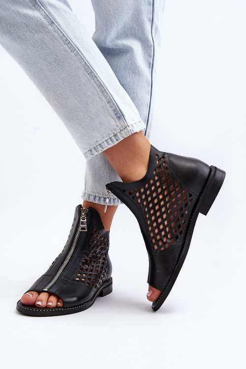 Zazoo 977/L Skórzane Ażurowe Sandały Na Zamek Czarne