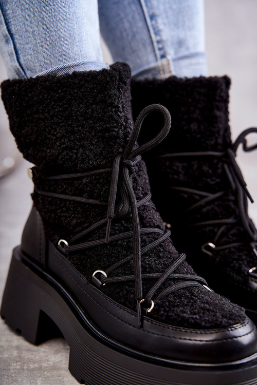 Damskie Botki Śniegowce Z Kożuszkiem Czarne Sanna