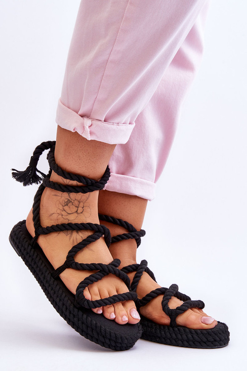 Wiązane Sandałki Na Masywnej Platformie Czarne Can't Wait