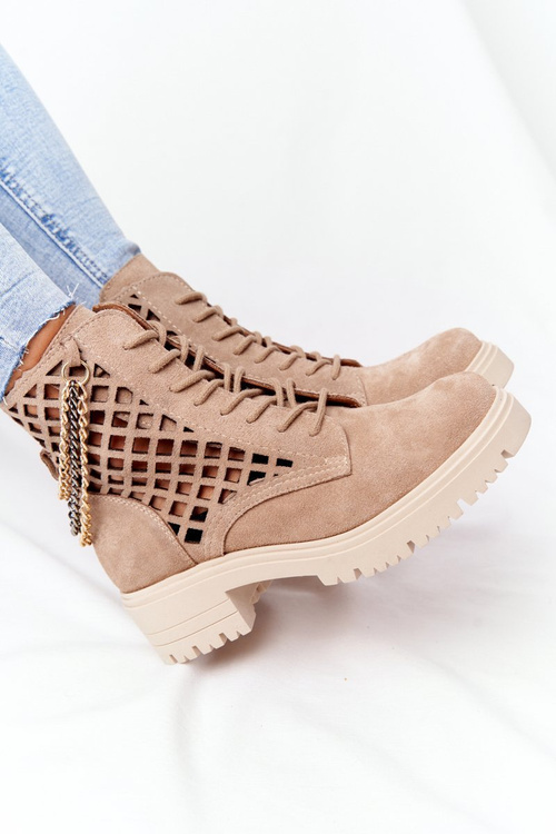 Ażurowe Botki Workery Lewski Shoes 3030-0 Piaskowe