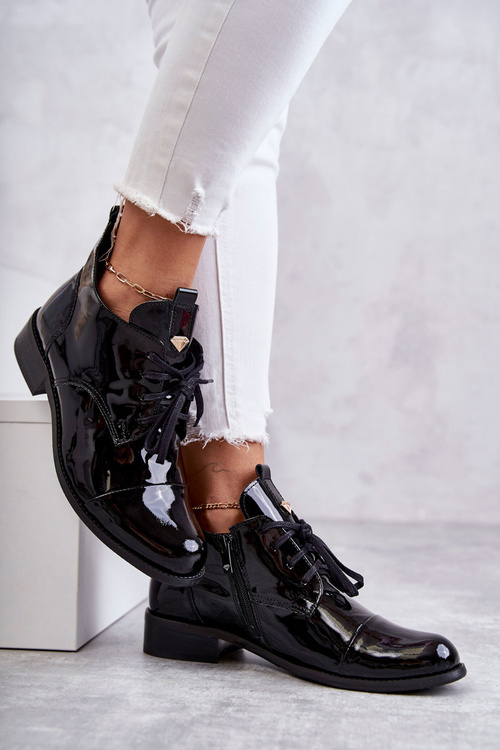 Lakierowane Botki Trzewiki Sznurowane Nicole 2781 Czarne