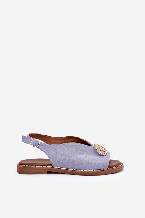 Sandały Damskie Z Ozdobą Na Płaskim Obcasie Eko Zamszowe Niebieskie Ralisses