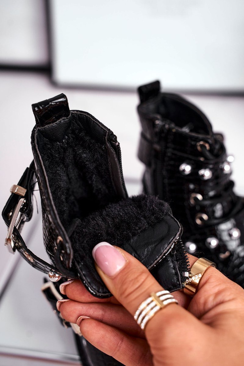 Dziecięce Botki Ocieplone Futerkiem Lakierowane Czarne Mary