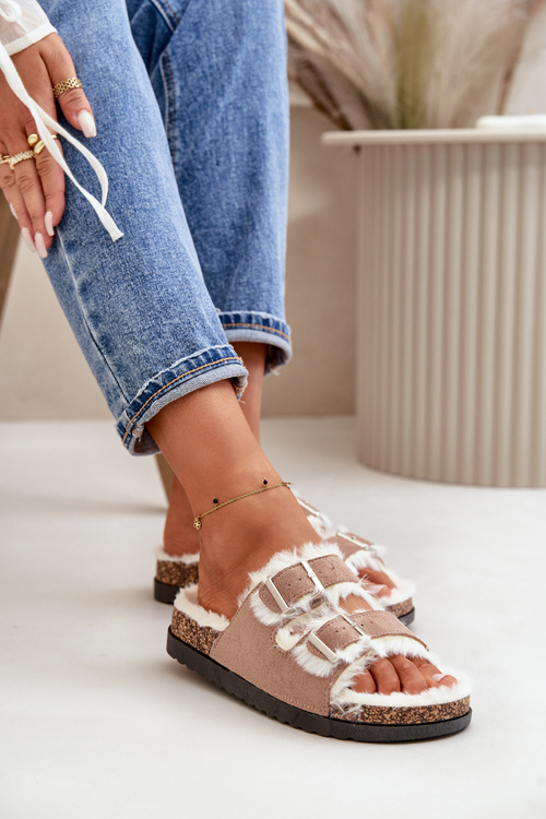 Damskie Kapcie Klapki Z Klamrami I Futerkiem Beżowe Ezilena