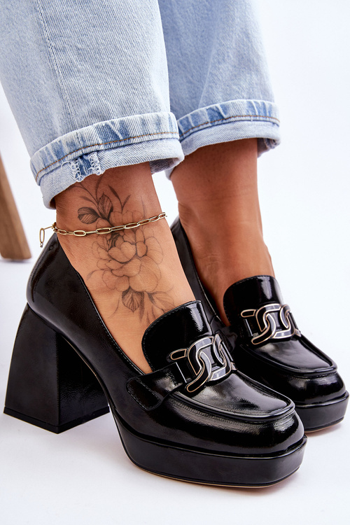 Skórzane Czółenka Na Masywnym Obcasie Czarne Maximo