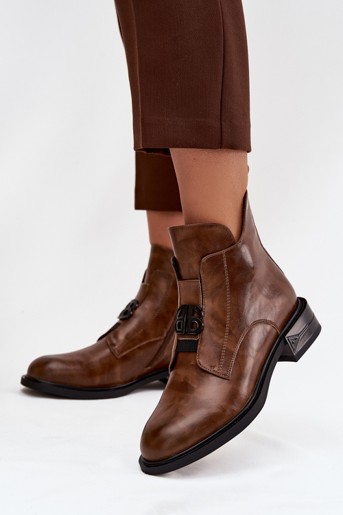 Ocieplane Skórzane Botki Damskie Z Ozdobnym Detalem Brązowe Briselda