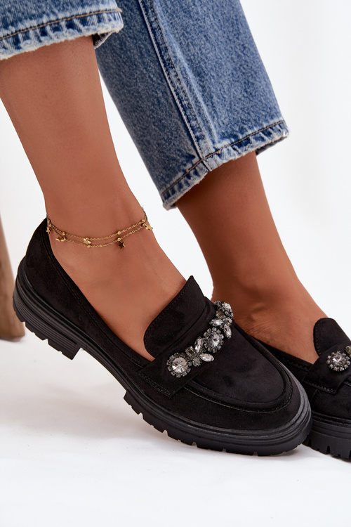Mokasyny Damskie Z Kryształkami Eko Zamszowe Czarne Lavisse
