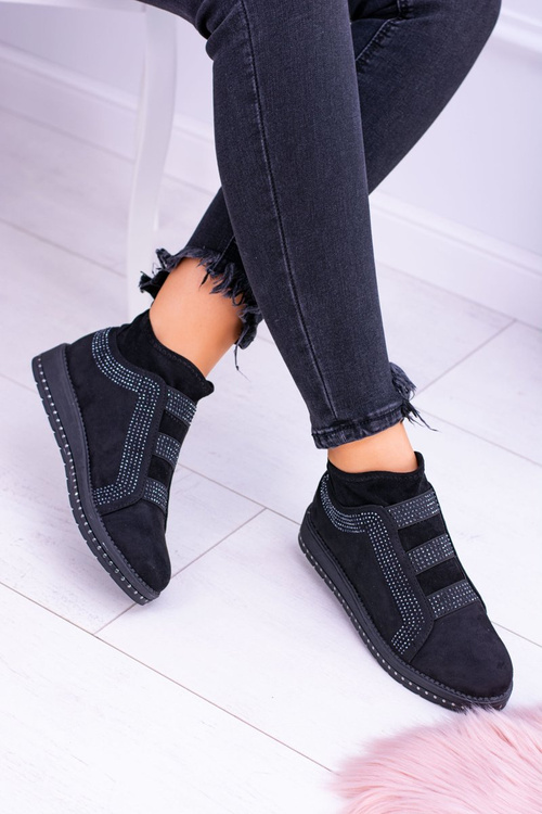 Zamszowe Czarne Damskie Obuwie Sportowe z Cyrkoniami Petite