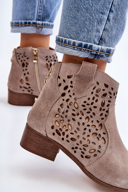 Damskie Ażurowe Botki Lewski Shoes 2909 Jasnobrązowe