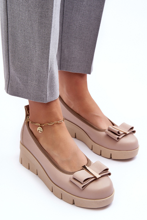 Baleriny Skórzane Na Platformie Z Ozdobą Beżowe Lewski 3384