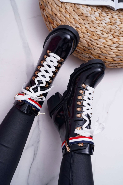 Botki Damskie Płaski Obcas Wysokie Glany Czarne Hippe