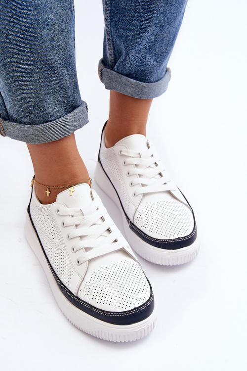 Damskie Skórzane Buty Sportowe Sneakersy Biało-Granatowe Failla