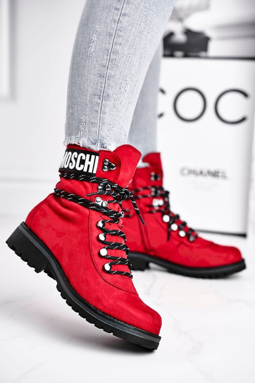 Botki Damskie Płaski Obcas Na Suwak Czerwone Popsi