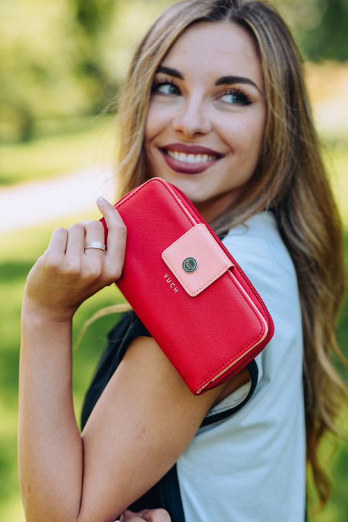 Duży Portfel Damski Na Suwak Czerwono-Pomarańczowy Huntress