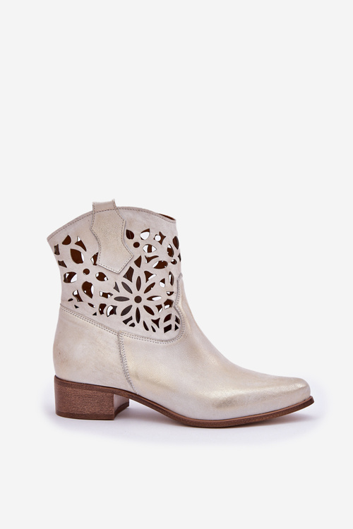 Zazoo 3404 Ażurowe Botki Kowbojki Na Niskim Obcasie Skórzane Złoty Przecierany