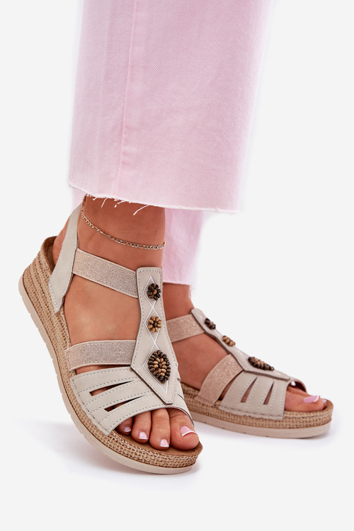 Sandały Damskie Na Koturnie Z Ozdobami Inblu RV000015 Jasnobeżowe