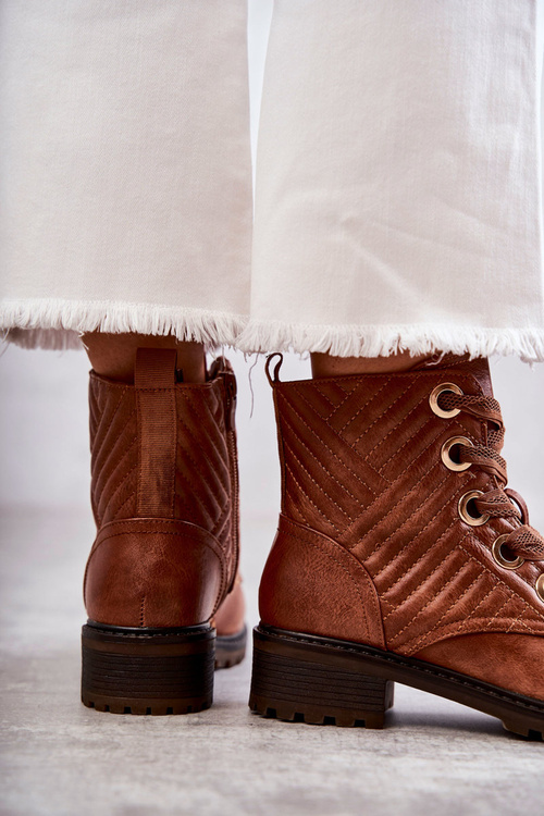 Skórzane Pikowane Botki Z Ociepleniem Brązowe Torino