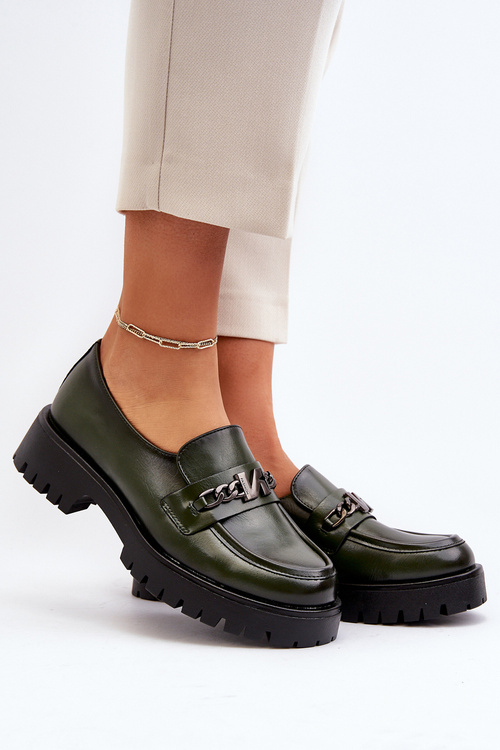 Skórzane Mokasyny Damskie Z Ozdobą Ciemnozielone Loraleima