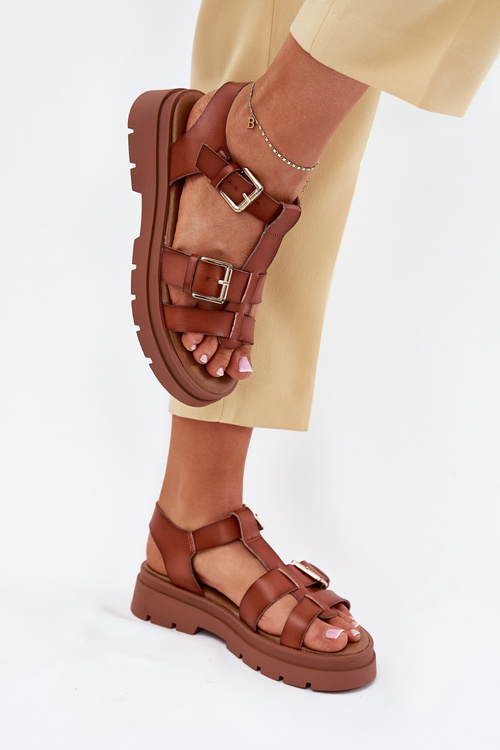 Eko Skórzane Sandały Damskie Z Klamrami Camel Mireza