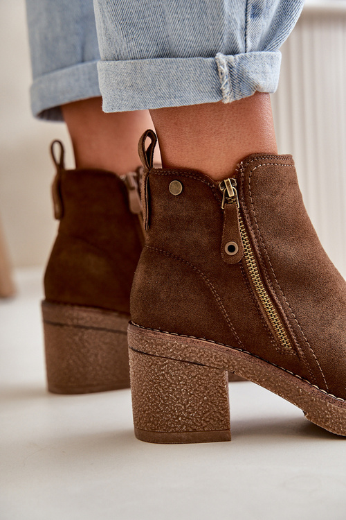 Ocieplane Botki Damskie Na Słupku Z Eko Zamszu Ciemnobrązowe Velarilla