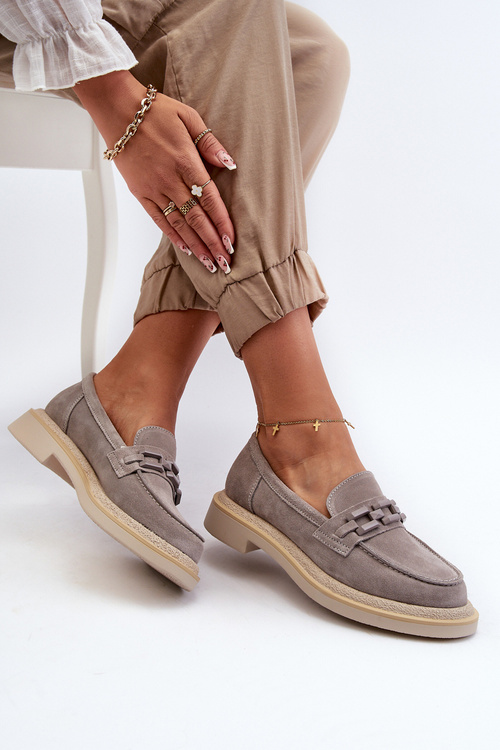 Mokasyny Damskie Zamszowe Na Płaskim Obcasie Z Ozdobą D&A TW101 Szare