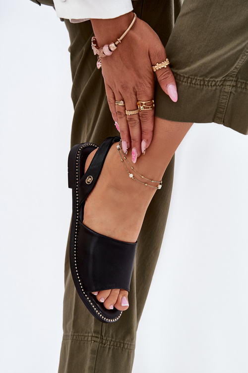 Sandały Damskie Na Płaskim Obcasie Eko Skórzane Czarne Dereka