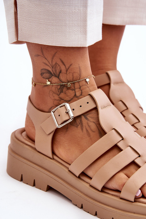 Skórzane Płaskie Sandały Z Paseczkami Beżowe Diosa