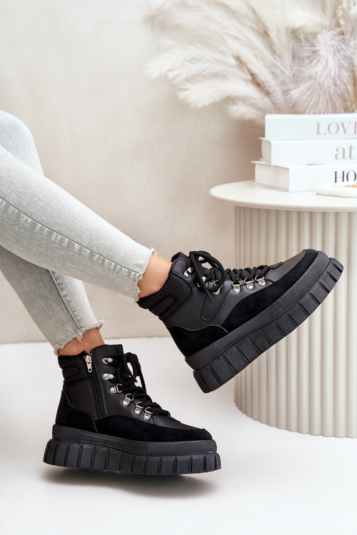 Damskie Ocieplane Botki Trapery Na Platformie Czarne Jelenia