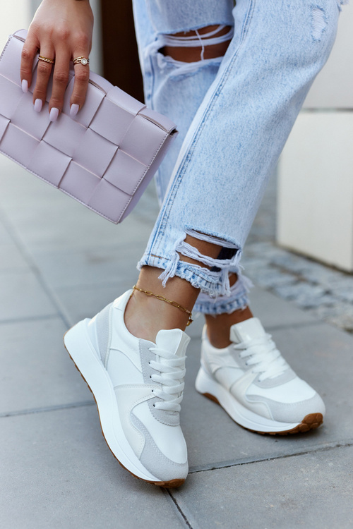 Skórzane Buty Sportowe Wiązane Biało-Szare Coryse