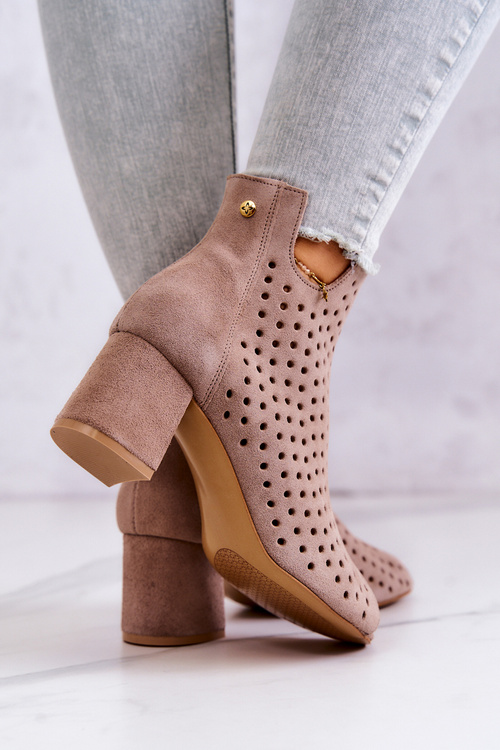 Skórzane Ażurowe Botki Maciejka 05420-10 Ciemnobeżowe