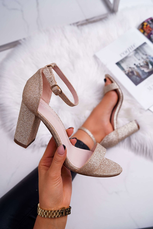 Sandały Damskie Na Słupku Brokatowe Złote Berglat