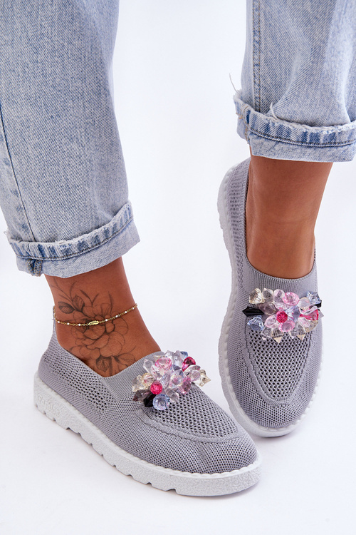 Damskie Wsuwane Tenisówki Z Kamieniami Szare Simple