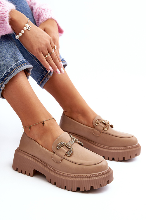 Mokasyny Damskie Z Ozdobą Ciemnobeżowe Gargi