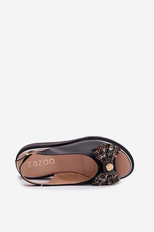 Skórzane Sandały Damskie Na Koturnie Z Kokardą Zazoo 1882 Czarne