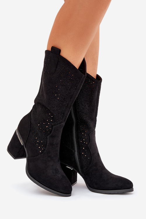 Ażurowe Kozaki Kowbojki Do Połowy Łydki S.Barski HY51-238 Czarne