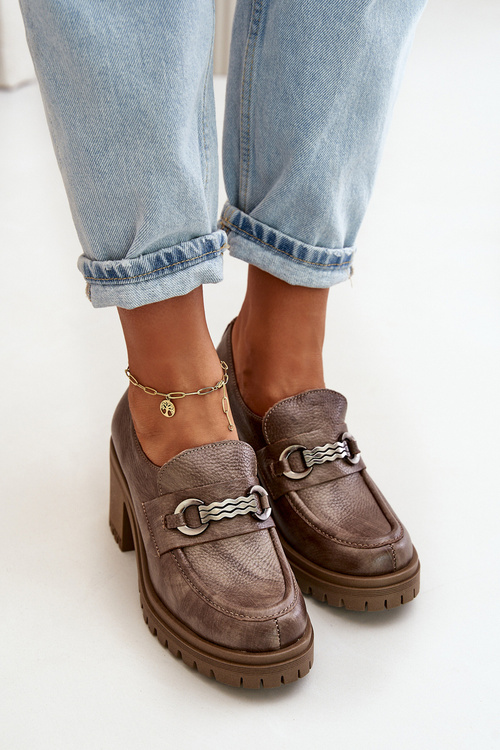 Zazoo 20175 Półbuty Damskie Na Słupku Skóra Naturalna Ciemnobeżowe