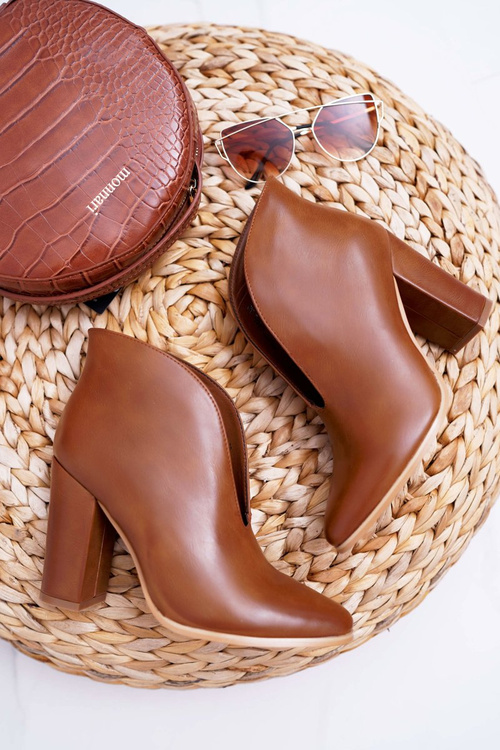 Botki Damskie Na Słupku Wsuwane z Wycięciami Brązowe Mantana