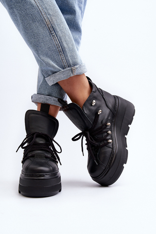 Zazoo 3416 Skórzane Damskie Buty Sportowe Czarne