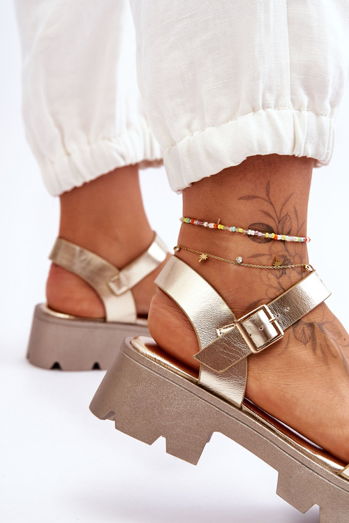 Damskie Skórzane Sandały Z Ozdobą Złote Emori