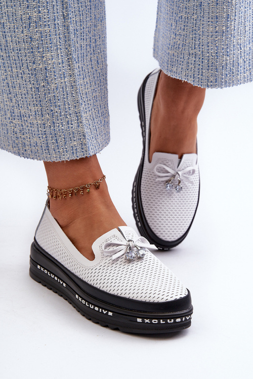 Mokasyny Damskie Skórzane Na Platformie S.Barski LR400 Białe