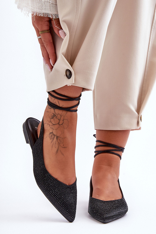 Wiązane Damskie Baleriny Zdobione Ćwiekami Czarne Jange