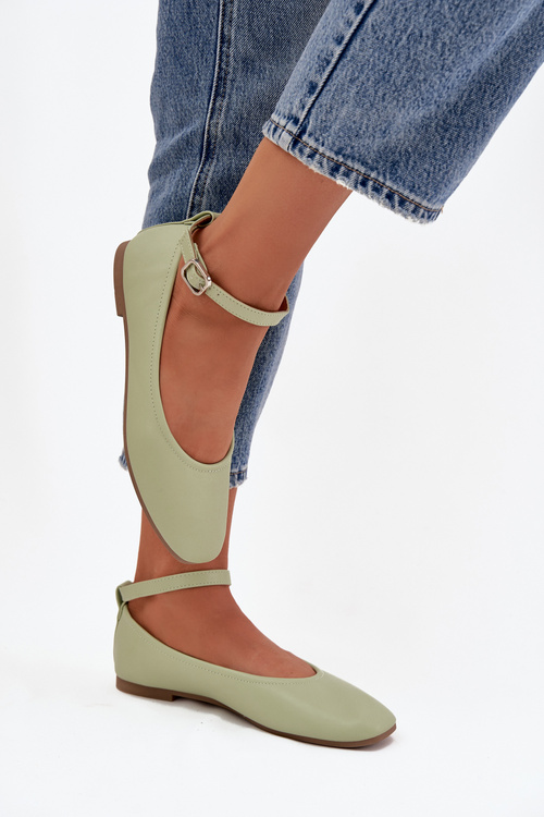 Baleriny Damskie Z Paskiem I Klamrą Zielone Janelor