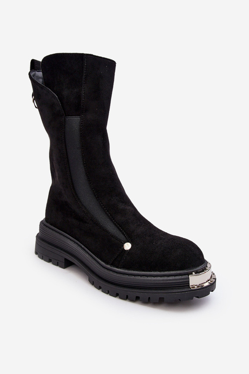 Zamszowe Ocieplane Botki Na Płaskim Obcasie Czarne Palimra